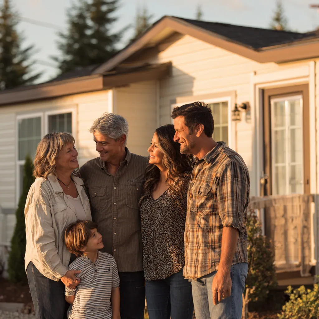A family gathered in front of their new manufactured home at golden hour